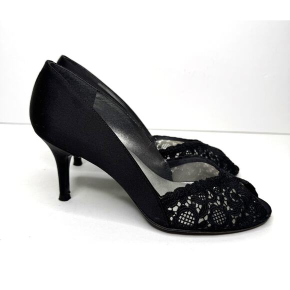 Stuart Weitzman Shoes Womens Size 7.5 Black Lace Crystal Peep Toe Satin Pumps - Picture 5 of 11